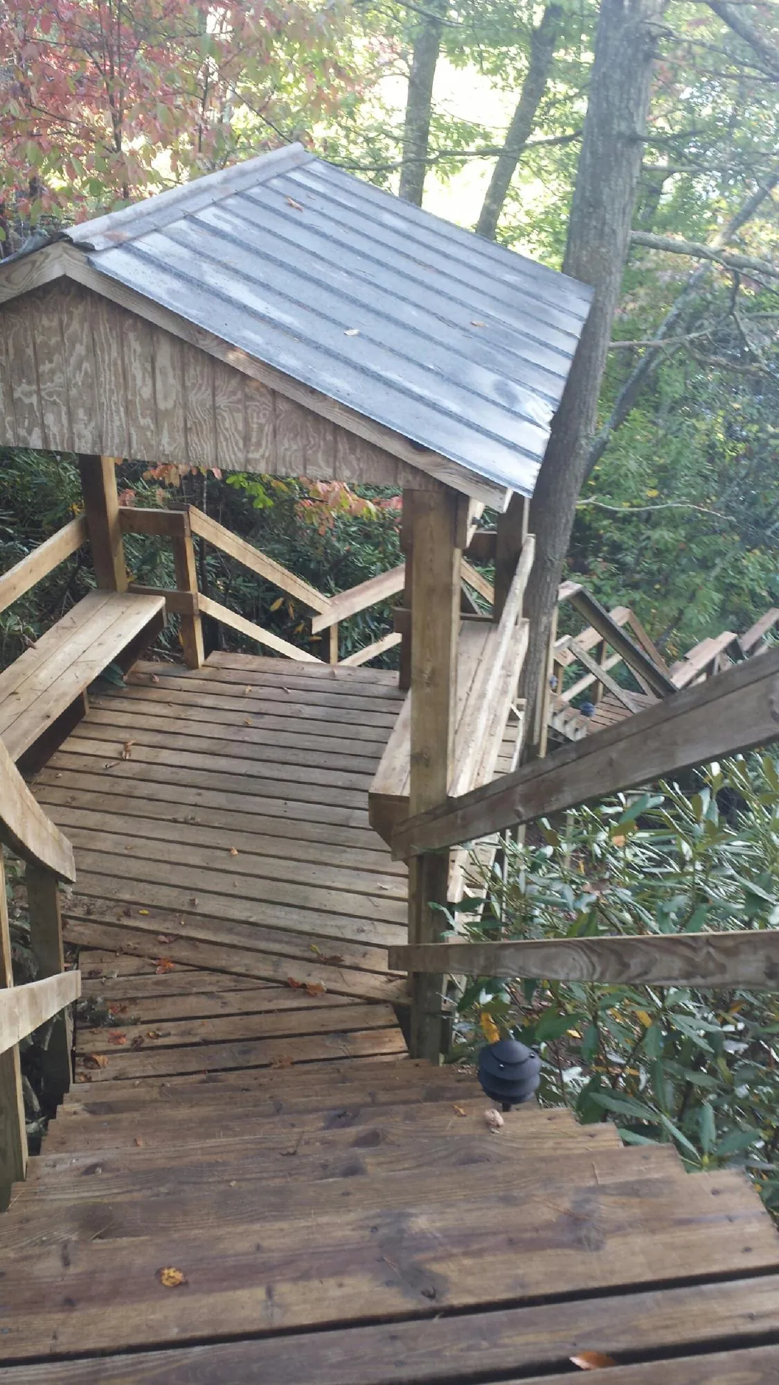 Metal roofed shelter over wooden steps on a wooded walkway — Skylight Repair & Installation work by our crew in Ramseur